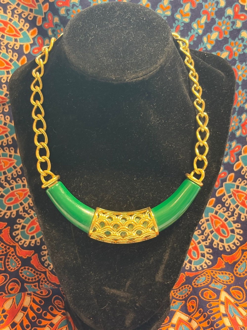 Vintage Monet Signed Faux Jade Lucite Crescent Collar Necklace, Gold-Tone